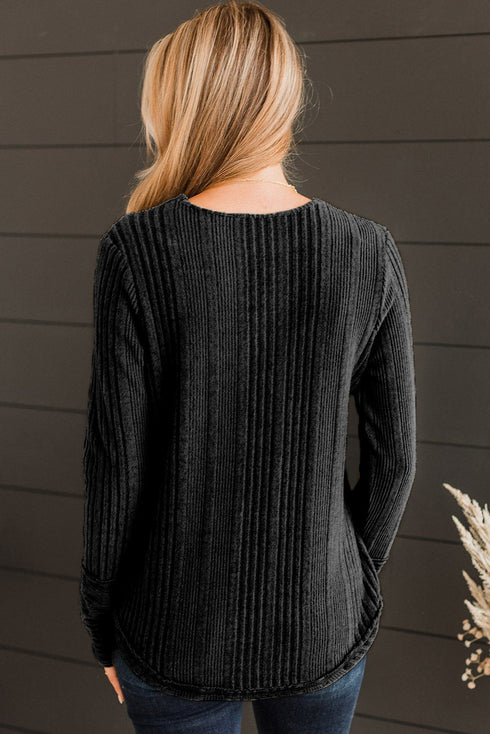 V Neck Buttoned Ribbed Knit Top